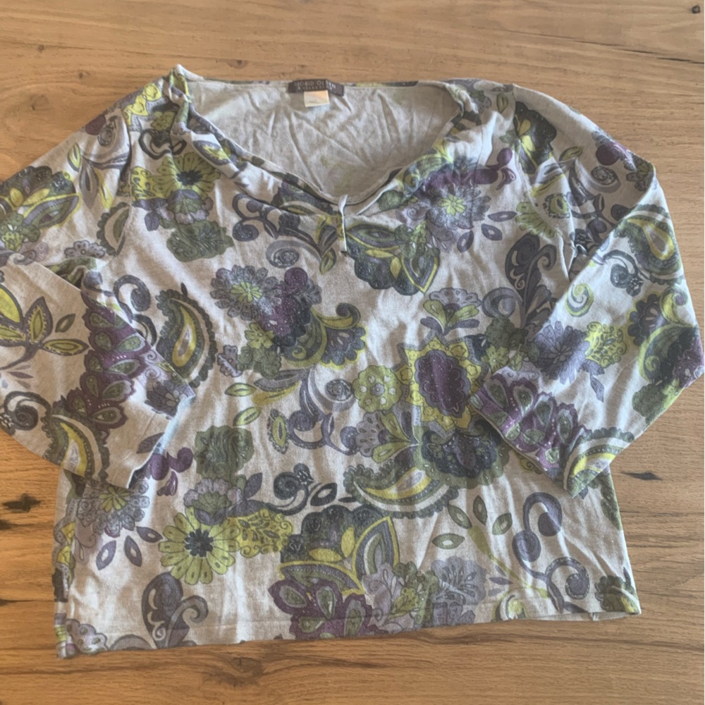 Sigrid Olsen Paisley 3/4 Sleeve Silk Tunic Top Purple Green‎ Women’s L Pre